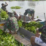 Anggota TNI dan masyarakat saat membersihkan enceng gondok menggunakan perahu.