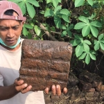 Seorang petani menunjukkan batu bata kuno yang ditemukan saat menggarap sawah.