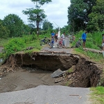 Karang Taruna Desa Kuwik saat membuat jalan darurat dari sesek bambu di sebelah utara jalan yang terputus akibat diterjang banjir Sungai Konto. (foto: MUJI HARJITA/ BANGSAONLINE)