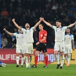 Pemain Inggris merayakan kemenangan 2-1 atas Italia di kualifikasi Piala Eropa 2024. 