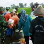 Warga Kedunggalar menyiapkan bahan bersama anggota TNI sebelum lakukan penyemprotan massal terhadap hama wereng yang menyerang tanaman padi.