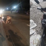 Petugas menunjukkan lokasi kecelakaan. Foto kanan, motor yang terlibat laka diamankan.