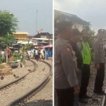 Petugas saat menyisir rel kereta api Kapasari Gunung, Surabaya, kawasan yang ditengarai sebagai tempat judi dadu serta merpati.