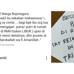 Akun resmi Instagram Bupati Anna Muawanah @anna_muan32 (kiri), dan foto selembar kertas bertuliskan "Besok belajar di rumah. Surat resmi in proses. Trim