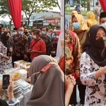 Bupati Mojokerto Ikfina Fatmawati ikut promosi di salah satu stand pasar murah di halaman Gedung PIP.