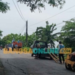 Petugas URC DPUTR Gresik saat tambal sulam kerusakan jalan di samping jembatan tol penghubung Desa Kembangan dengan Desa Kedanyang. Foto: SYUHUD/BANGSAONLINE