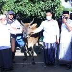 Bupati Gresik didampingi Camat Tambak Subhan saat menyerahkan satu ekor sapi pada acara Peringatan Maulid Nabi Muhammad SAW. foto: ist.