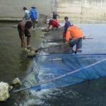 SURUT. Kondisi air yang surut memudahkan warga di sekitar Bengawan Solo mudah mencari ikan. foto : eki nurhadi/bangsaonline 