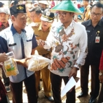 Bupati Bangkalan R. Abdul Latif Imron mencoba keripik jagung hasil produksi Tatochis yang didampingi Dahri owner Tatochis.