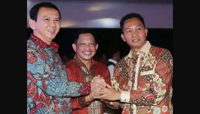 Gubernur DKI Basuki T Purnama, Komjen Tito Karnavian dan Irjen Pol Morcghiyarto dalam pisah sambut Kapolda Metro Jaya. foto: rakisa/ BANGSAONLINE