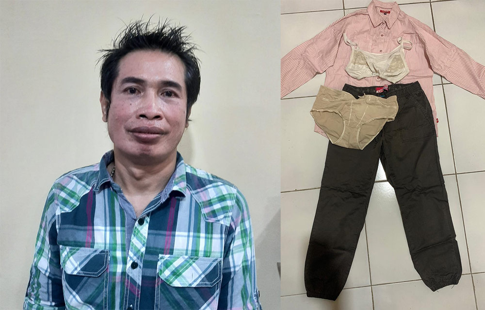 Tersangka pencabulan dan barang bukti berupa pakaian korban.