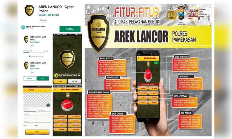 Tampilan aplikasi Arek Lancor Cyber Police dan fitur-fitur yang ada di dalamnya.