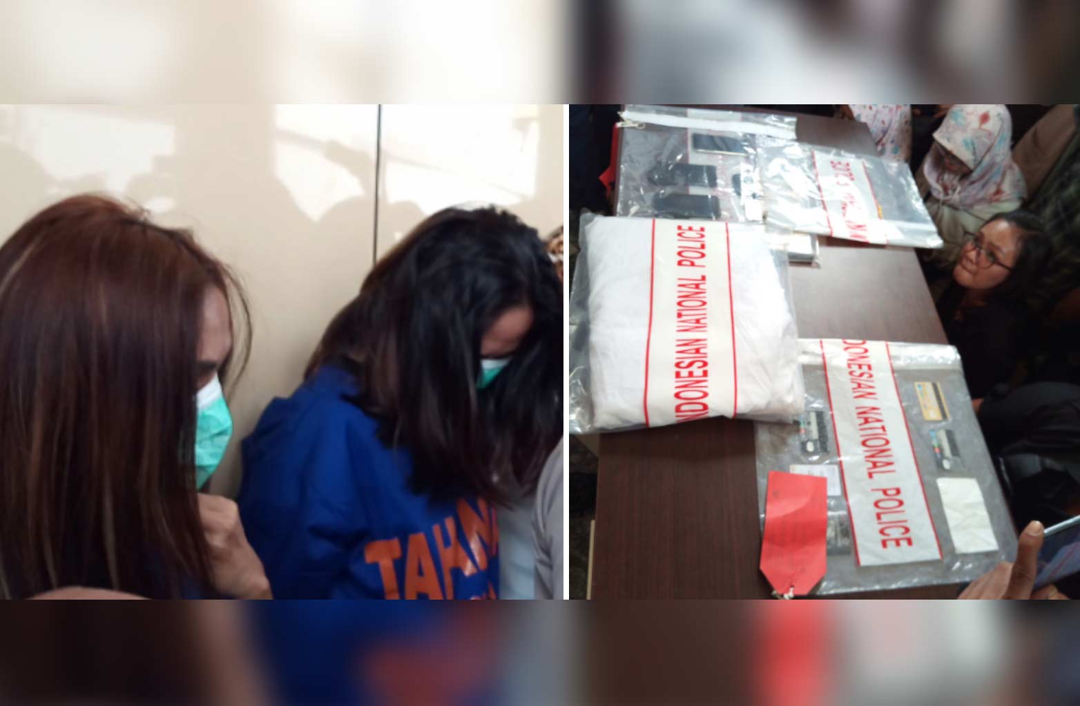 Dua mucikari Vanessa Angel yang ditangkap, beserta barang buktinya.