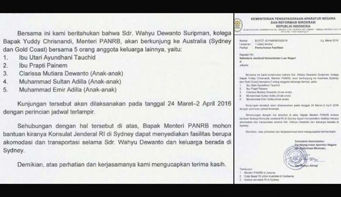 Surat Wahyu Dewanto yang meminta fasilitas ke Konjen RI di Australia.