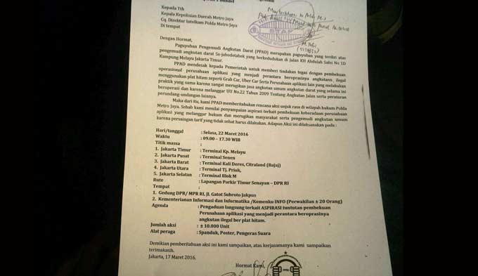 Surat pemberitahuan aksi demo sopir Angkutan Umum di Jakarta. foto: rakisa/ BANGSAONLINE