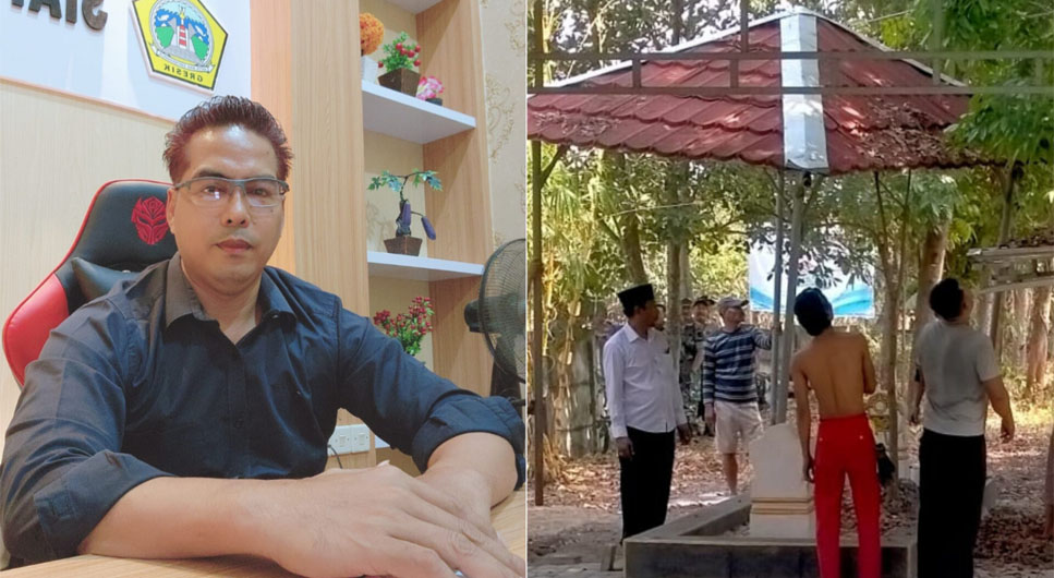 Suryadi dan makam di kawasan Perumahan ABR di Desa Suci, Kecamatan Manyar yang dibongkar.