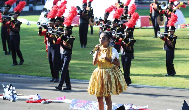 Penampilan Marching Band Semen Indonesia (MBSI) di Istana Negara saat acara Peringatan HUT RI ke-71. foto: SYUHUD/ BANGSAONLINE