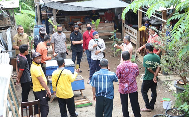 Rombongan studi banding dari Kementerian Lingkungan Hidup dan Kehutanan Balai Perhutanan Sosial dan Kemitraan Lingkungan Wilayah Kalimantan saat berada di Sentra Ternak Lebah Madu di Sumberpodang. (kominfo)