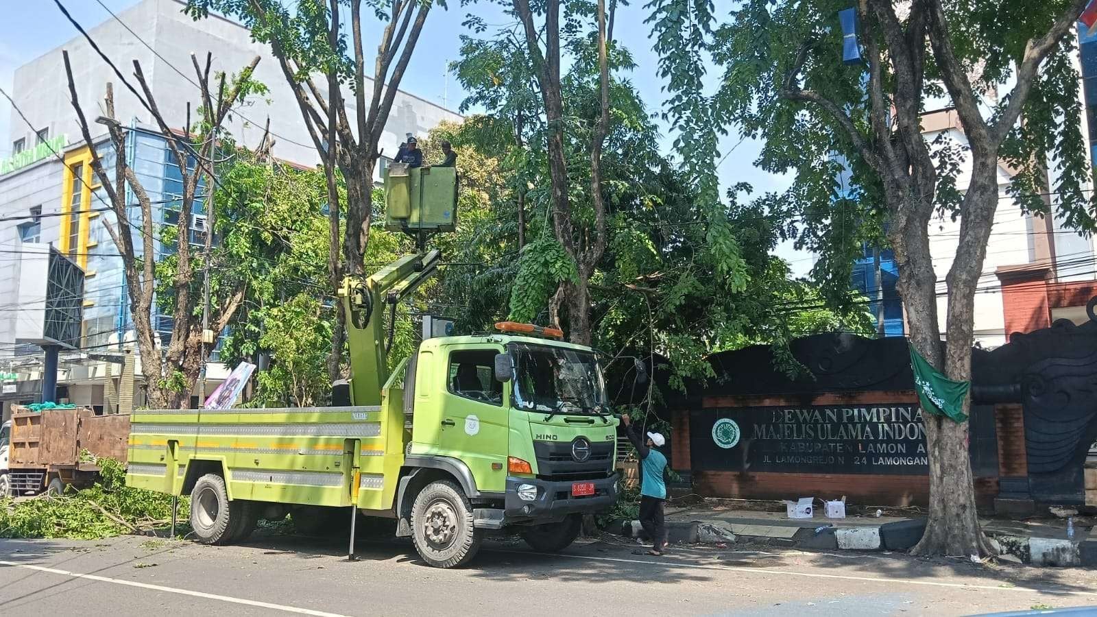 BPBD Lamongan bersama OPD terkait saat memangkas ranting pohon untuk mencegah pohon tumbang saat cuaca esktrem