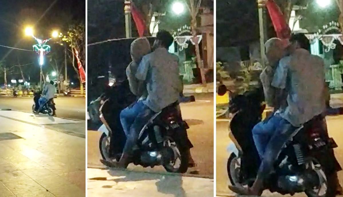 Kolase tangkapan layar video sepasang muda-mudi sedang bermesraan di depan Taman Ispirasi Rakyat, Pamekasan.