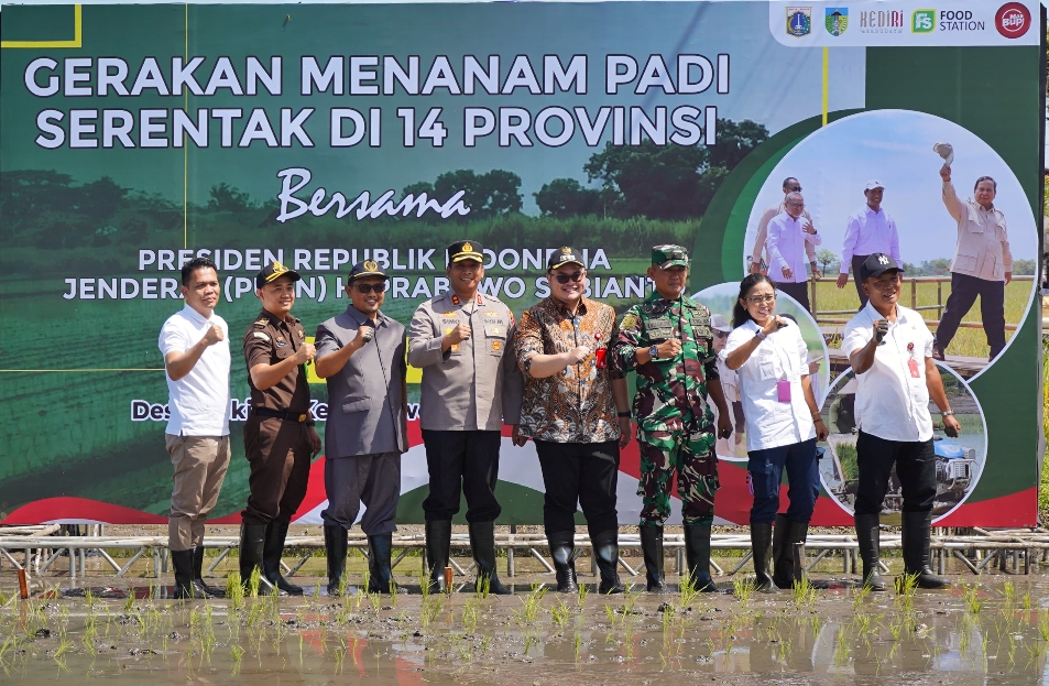 Bupati Kediri Hanindito Himawan Pramana bersama Forkopimda Kabupaten Kediri saat melakukan tanam padi