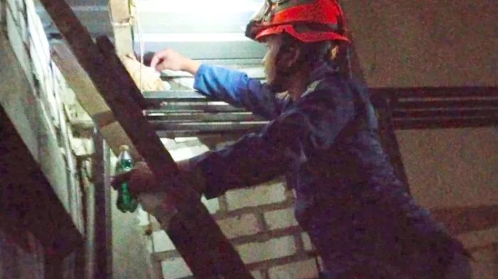Petugas Damkar Tuban saat mengevakuasi sarang tawon vespa di rumah warga