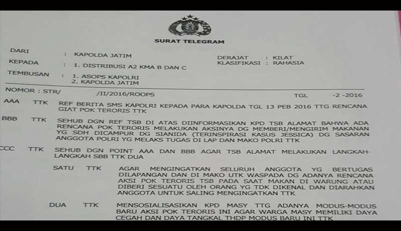 ANTISIPASI :Telegram rahasia yang meminta anggota polisi di Jatim untuk mewaspadai serangan teror berupa racun sianida. foto: okezone