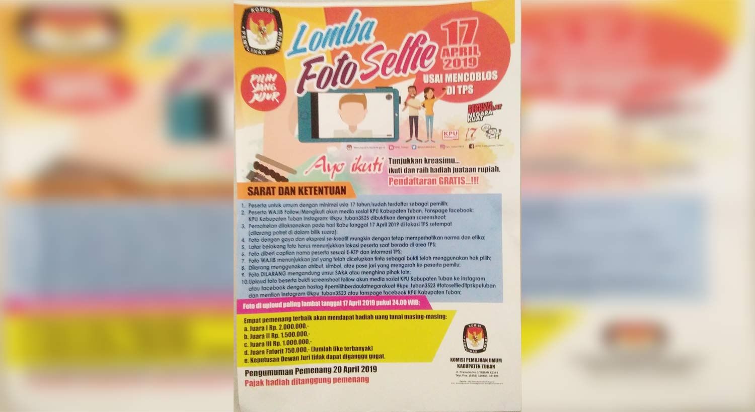 Syarat dan ketentuan lomba foto selfie KPU Tuban.