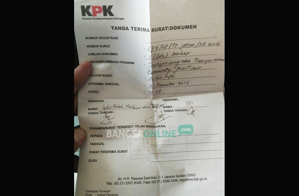 Surat permohonan pengambil alihan kasus MKP dari Bareskrim Polri ke KPK, yang dikirim TC Jatim dan telah diterima KPK pada tanggal 21 Desember 2016 pukul 10.08 WIB. foto: dok. TC Jatim.