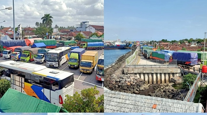 Pelabuhan Ketapang, Banyuwangi tampak penuh sesak kendaraan yang mau menyeberang, karena adanya penutupan penyeberangan.