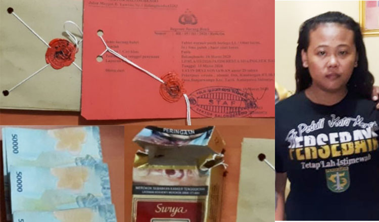 Devi, tersangka penjual pil Dobel L beserta barang buktinya diamankan di Mapolsek Balongbendo.