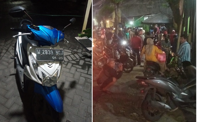 Barang bukti motor yang ducuri dan massa yang mengerubuti pelaku curanmor. 