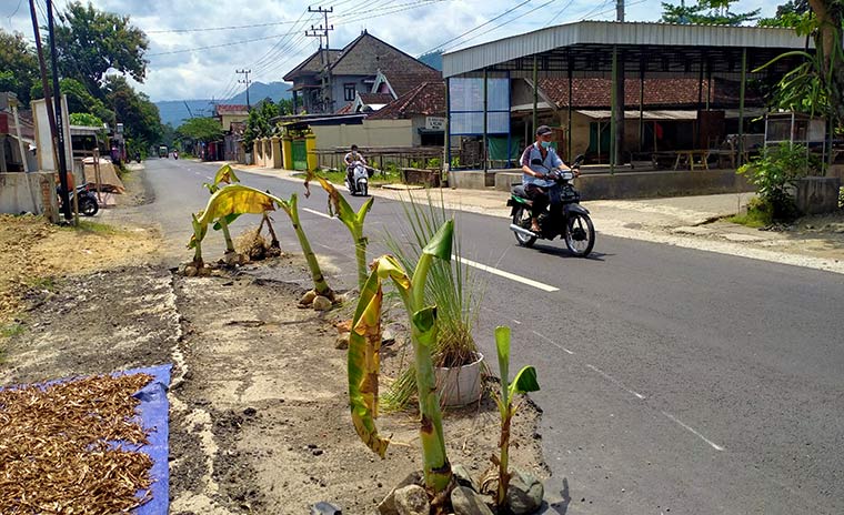 Salah satu titik kerusakan Jalan di Jalur Ngampon-Bendo, Trenggalek. foto: HERMAN SUBAGYO/ BANGSAONLINE