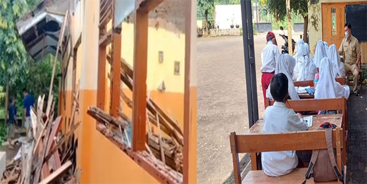 Suasana atap gedung SDN Muneng Kidul, Kecamatan Sumberasih, Kabupaten Probolinggo, ambruk dan keadaan siswa yang belajar di teras sanitasi sehat.