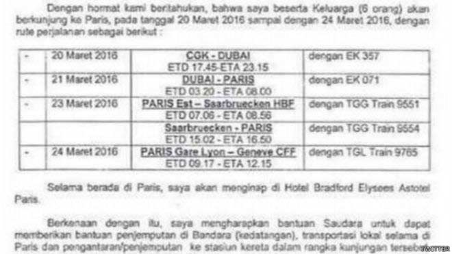 Surat Rachel Maryam meminta fasilitas kepada Dubes RI di Prancis.
