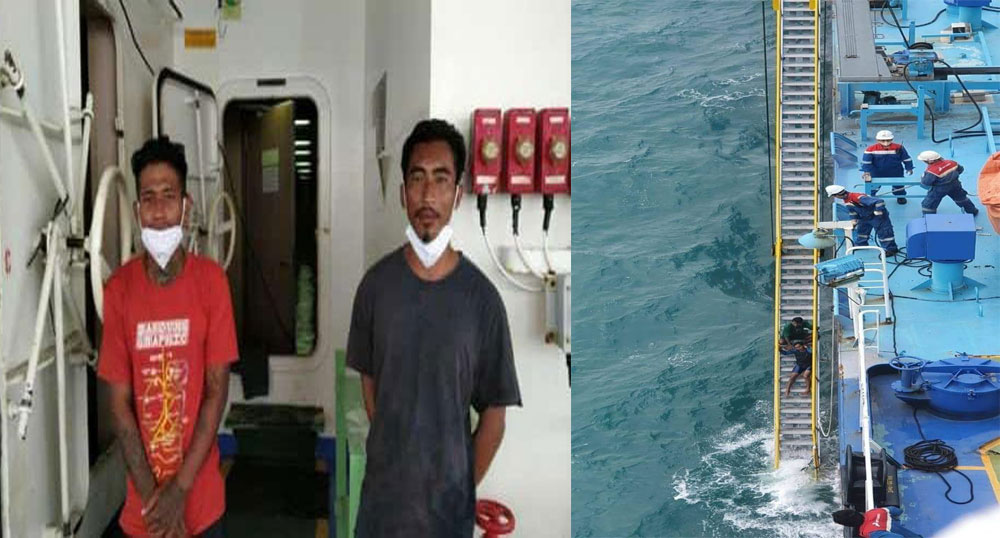 Kolase foto dua nelayan dari tuban dan kapal tanker penyelamat.