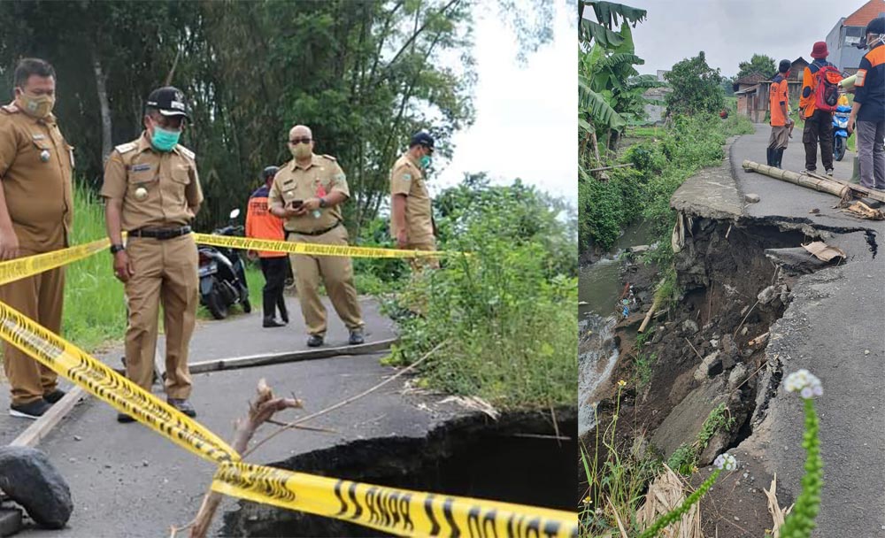 Wawali Batu Punjul Santoso saat meninjau lokasi plengsengan ambrol di Kelurahan Temas. Foto kanan, plengsengan yang ambrol di Sumberbrantas.