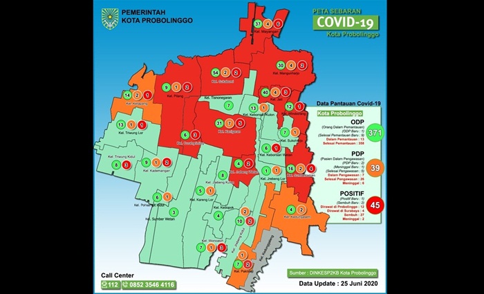 Peta sebaran Covid-19 di Kota Probolinggo.