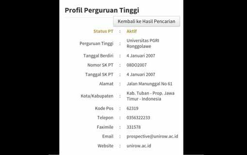 halaman milik forlap.dikti.go.id, yang menampilkan bahwa Unirow telah aktif kembali