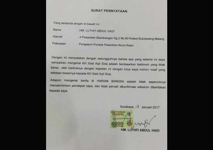 Surat bantahan KH Lutfi Abdul Hadi