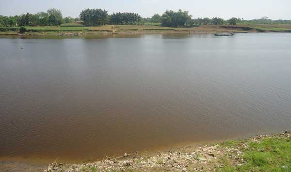 Tampak air di sungai Bengawan Solo yang berubah warna menjadi coklat kehitaman. (foto: eky nurhadi/BANGSAONLINE)