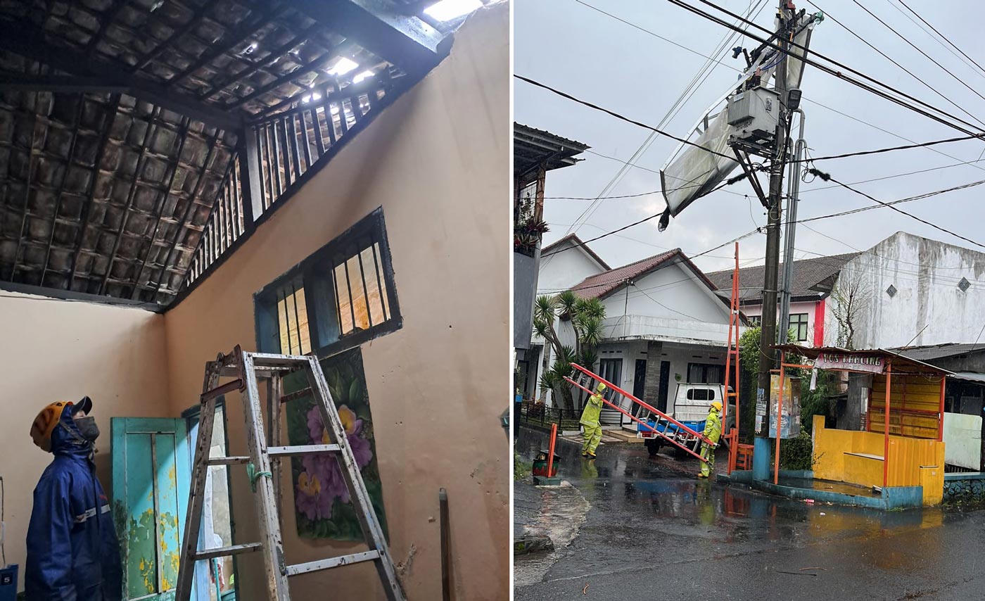 Kondisi atap kelas MTS Hasyim Asyari usai diterjang angin puting beliung. Foto kanan, kondisi Jalan Bejo usai disapu angin.