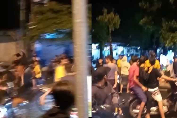 Tangkapan layar aksi tawuran yang terekam kamera ponsel di  jalan Bahagia, Kecamatan Kota Pamekasan, Kabupaten Pamekasan.