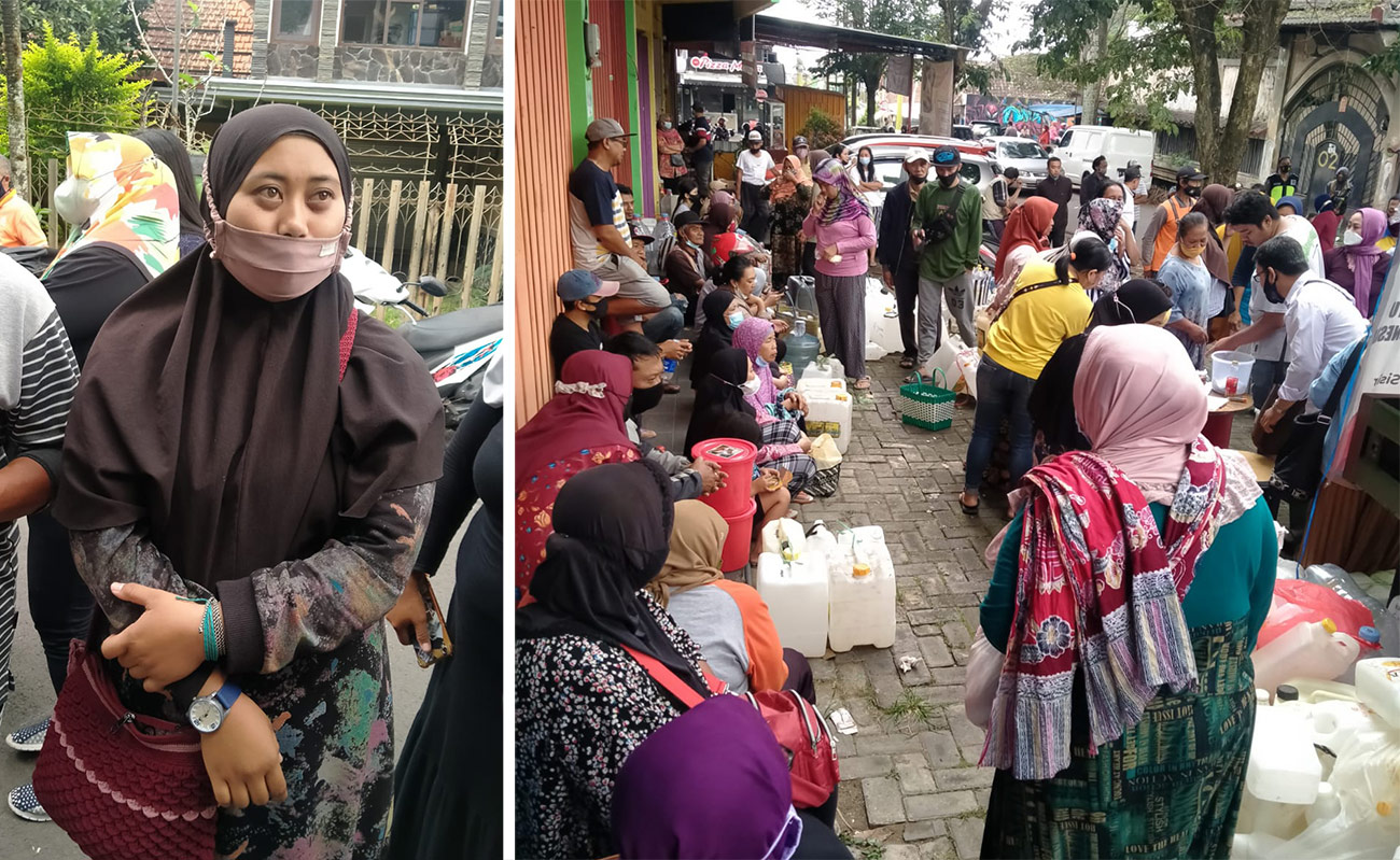 Haima, warga Jalan Patimura, Kelurahan Temas, Kota Batu yang memborong minyak goreng curah hingga 85 liter. Foto kanan, antrean warga saat membeli minyak goreng curah.