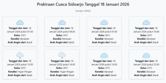 Prakiraan Cuaca Sidoarjo Hari ini Minggu, 18 Januari 2026: Suhu 24-30°C, Kecepatan Angin 18.6 m/s.
