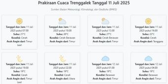 Prakiraan Cuaca Trenggalek Hari ini Jumat, 11 Juli 2025: Suhu 19-27°C, Kecepatan Angin 13.4 m/s