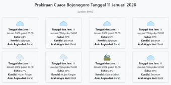 Prakiraan Cuaca Bojonegoro Hari ini Minggu, 11 Januari 2026: Suhu 23-30°C, Kecepatan Angin 18.5 m/s.