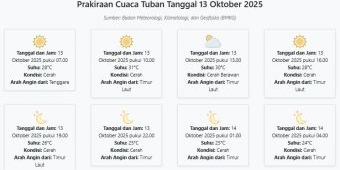 Prakiraan Cuaca Tuban Hari ini Senin, 13 Oktober 2025: Suhu 24-31°C, Kecepatan Angin 13.8 m/s