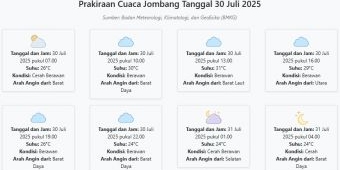 Prakiraan Cuaca Jombang Hari ini Rabu, 30 Juli 2025: Suhu 24-31°C, Kecepatan Angin 9.9 m/s