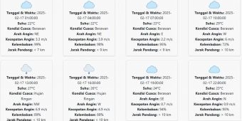 Prakiraan Cuaca Blitar Hari ini Senin, 17 Februari 2025: Hujan Ringan dari Siang-Sore Hari